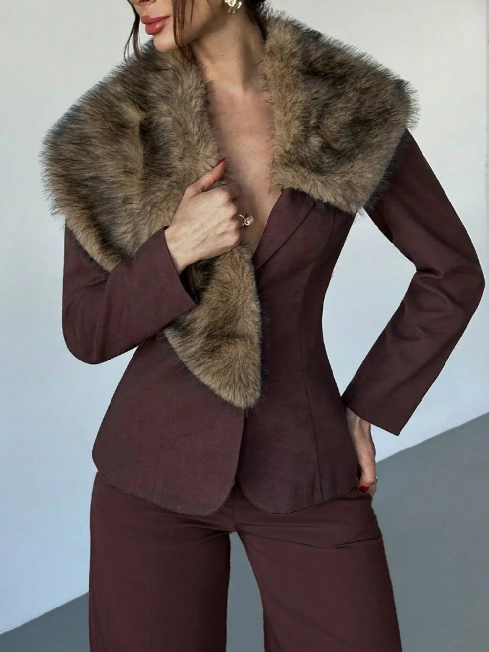 Brown Casual Women's Faux Fur Collar Waist Cinched Long blazer jacket